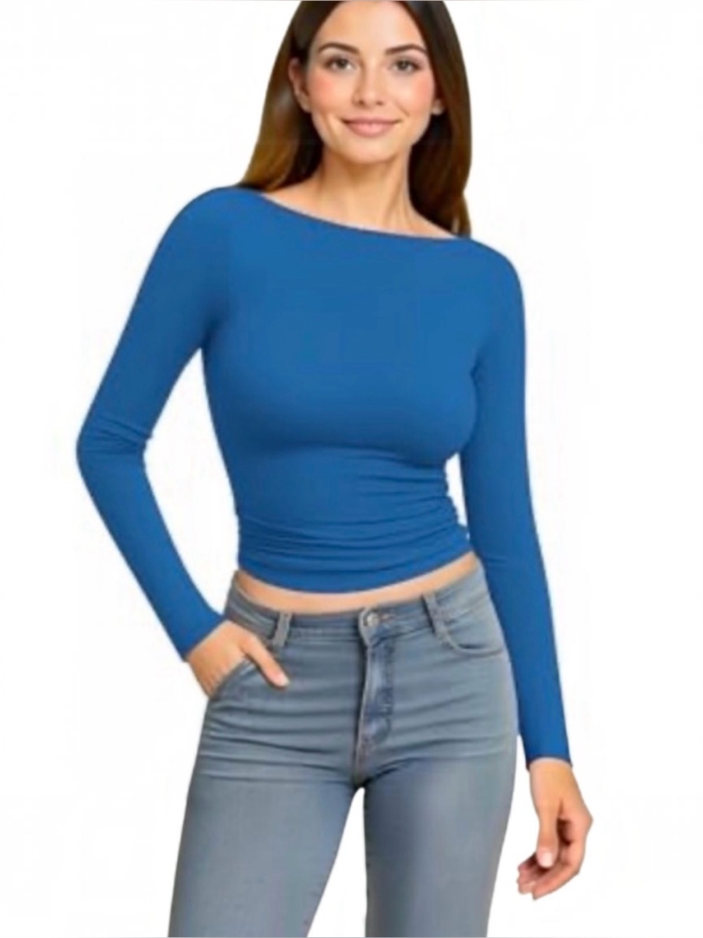 Straight Neck, High Stretch Long-Sleeve Shirt in Ocean Blue NWOT